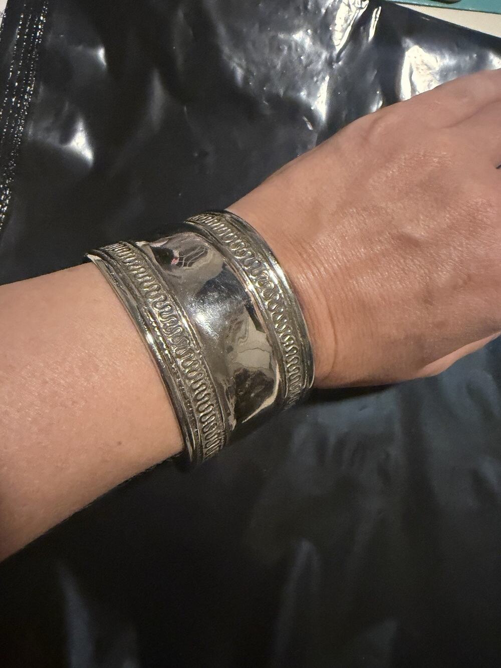 Vintage Wide Silver Tone Cuff Bracelet Smooth Center Raised Scroll Border Boho